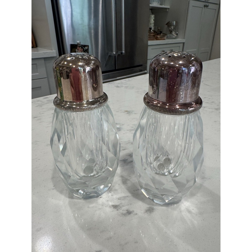 vintage hand-cut lead crystal salt shaker and pepper grinder‎ set by Post House